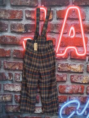 Oyrosy Plaid Suspender Overalls in Green, Brown, Orange & Black